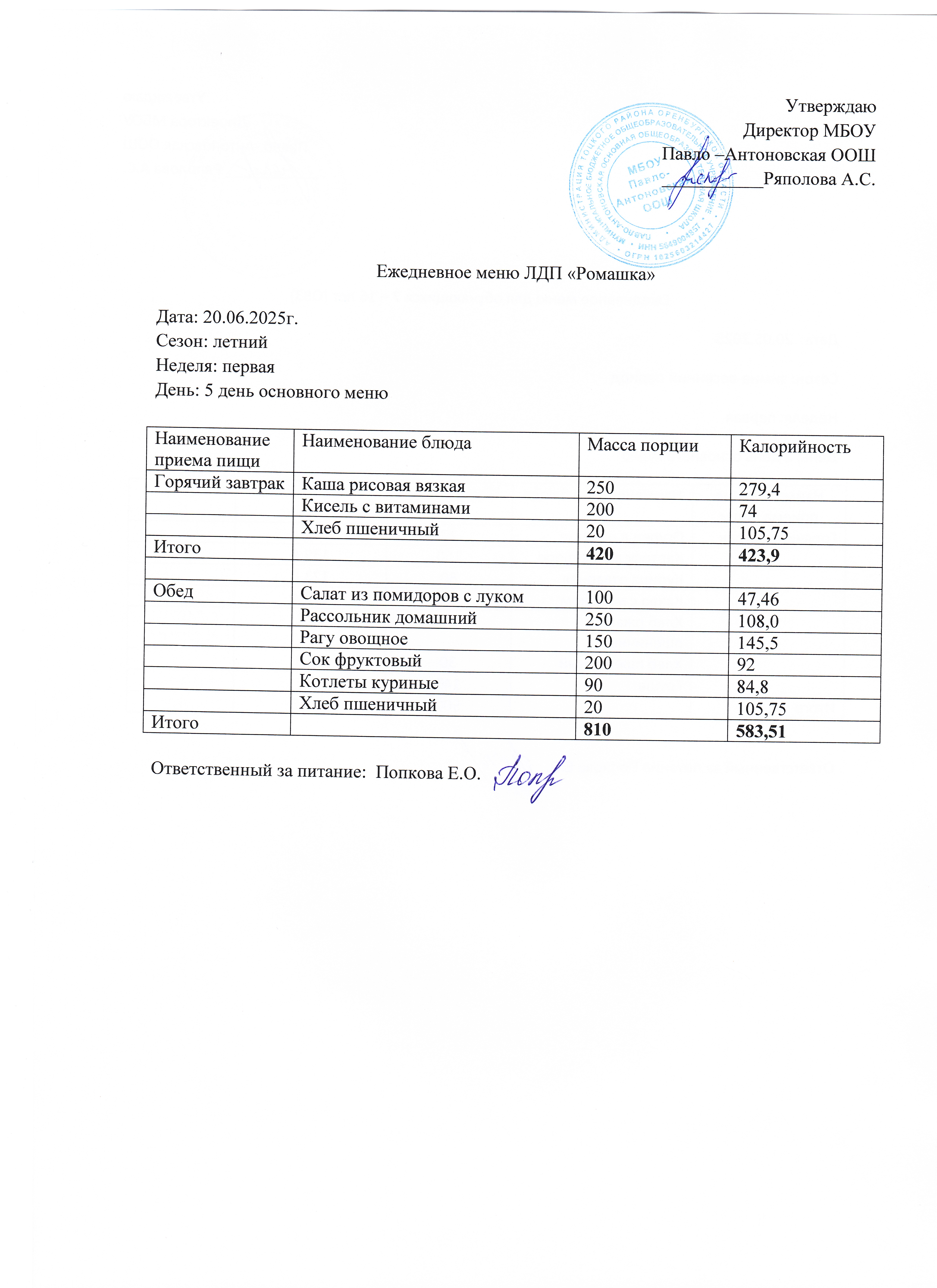 меню 20.06.2025