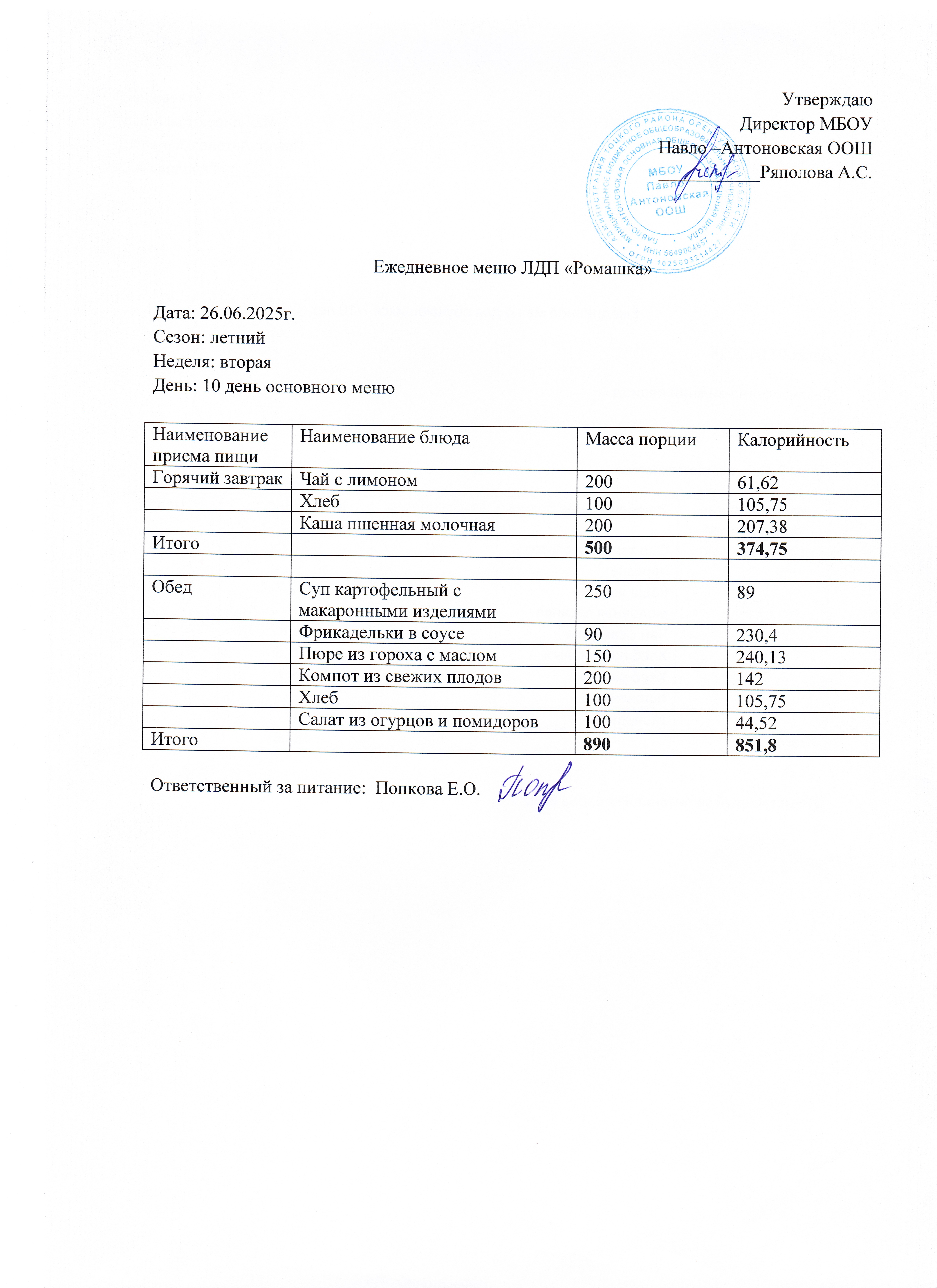 меню 26.06.2025